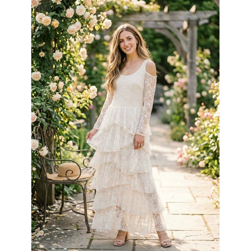 Sara Mique Ecru Lace Tiered Maxi Dress Long Sleeve DSL-106 Size S whimsy new